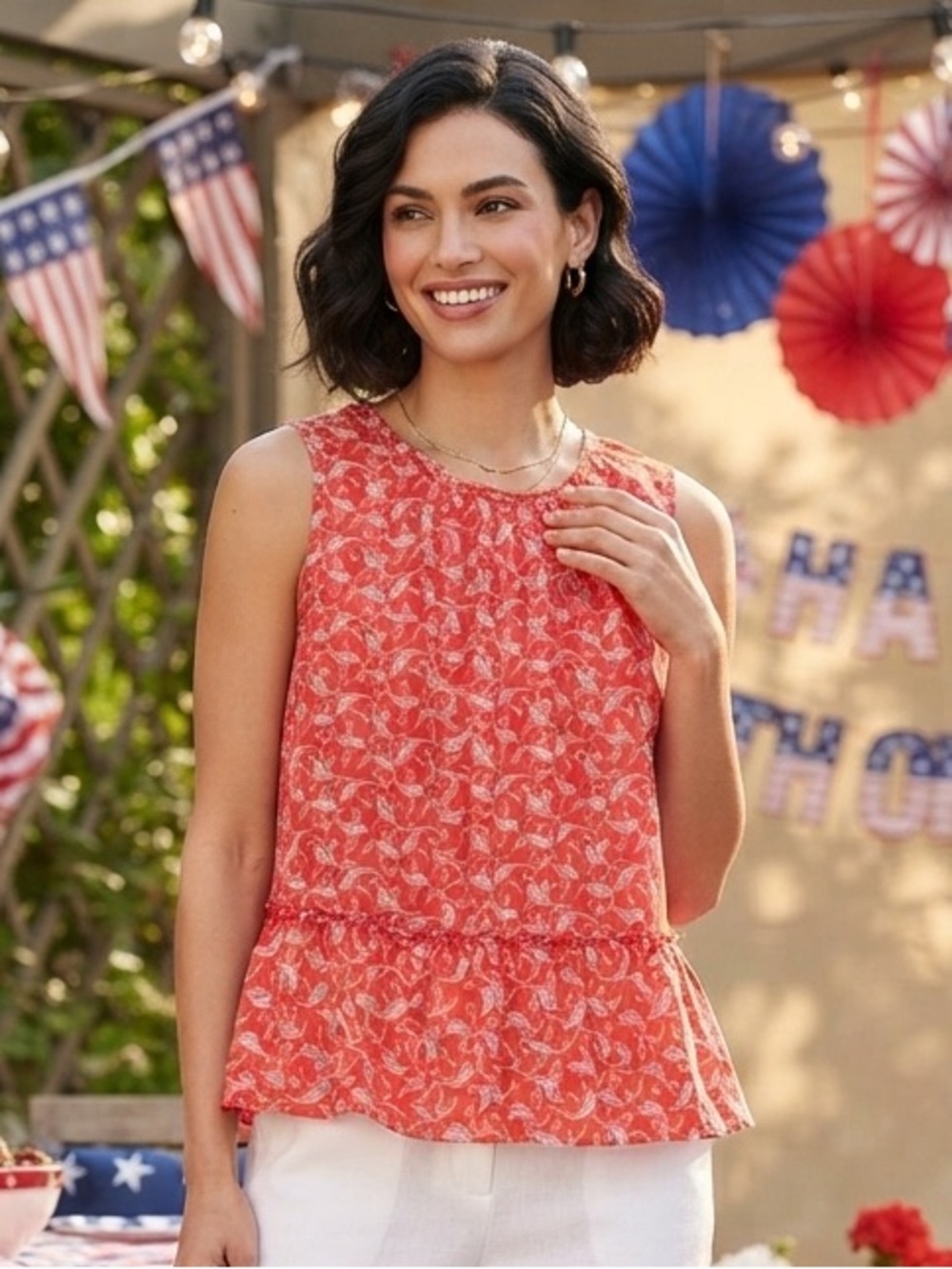 Ann Taylor Coral Printed Sleeveless Peplum Top